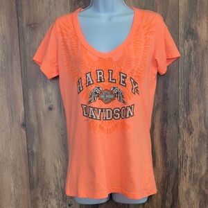 Harley-Davidson Women's Orange V Neck Graphic Tee L              R222
